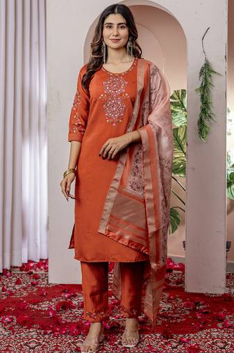 Orange viscose silk thread embroidered designer salwar suit