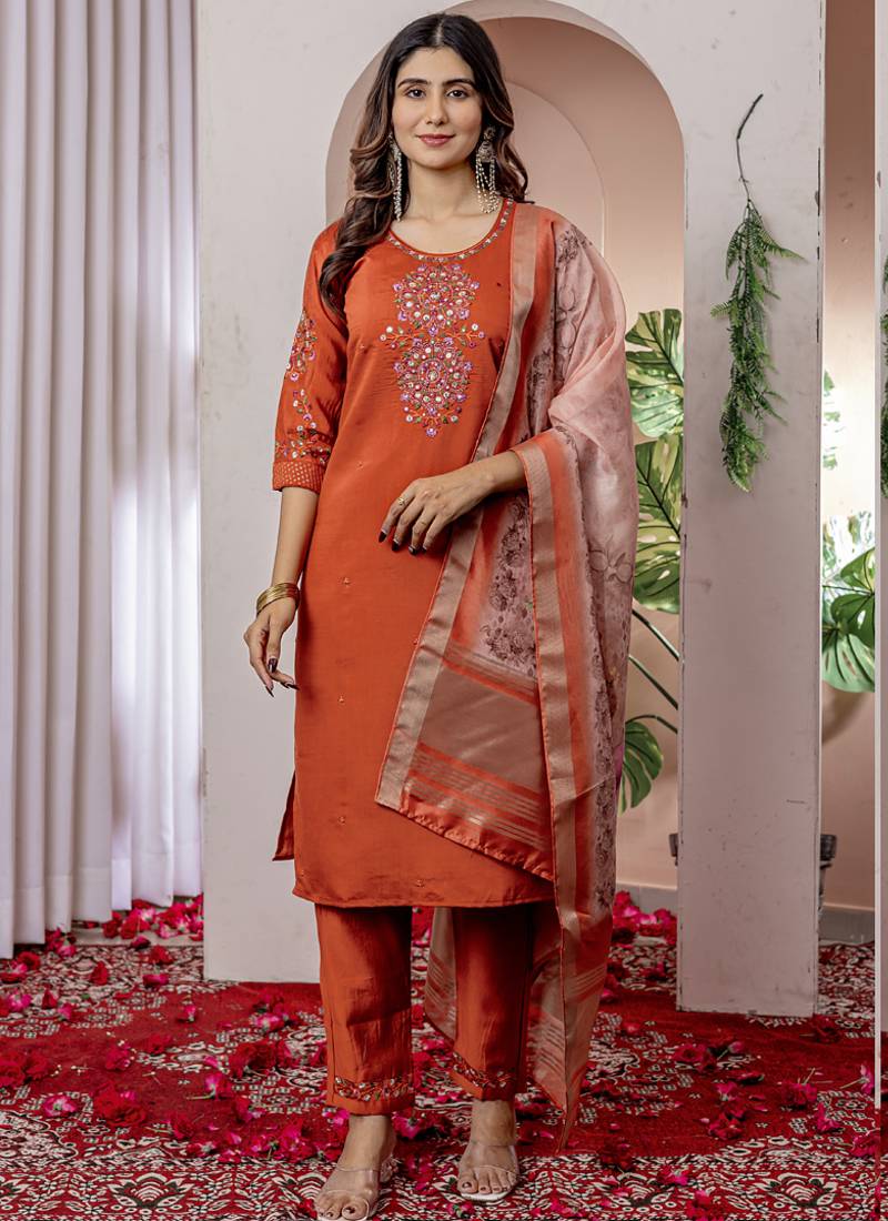 Orange viscose silk thread embroidered designer salwar suit