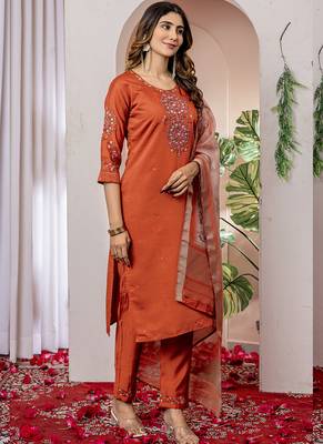 Orange viscose silk thread embroidered salwar suit 2