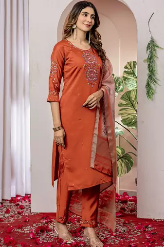 Orange viscose silk thread embroidered salwar suit