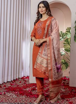 Orange viscose silk thread embroidered salwar suit 3
