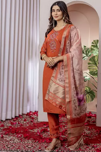 Orange viscose silk thread embroidered salwar suit