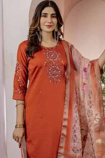 Orange viscose silk thread embroidered salwar suit