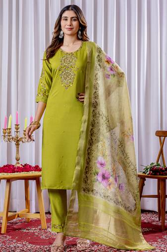 Parrot green viscose silk thread embroidered designer salwar suit