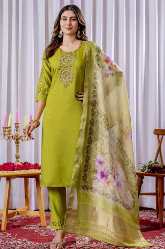 Parrot green viscose silk thread embroidered designer salwar suit