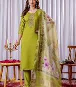 Parrot green viscose silk thread embroidered designer salwar suit