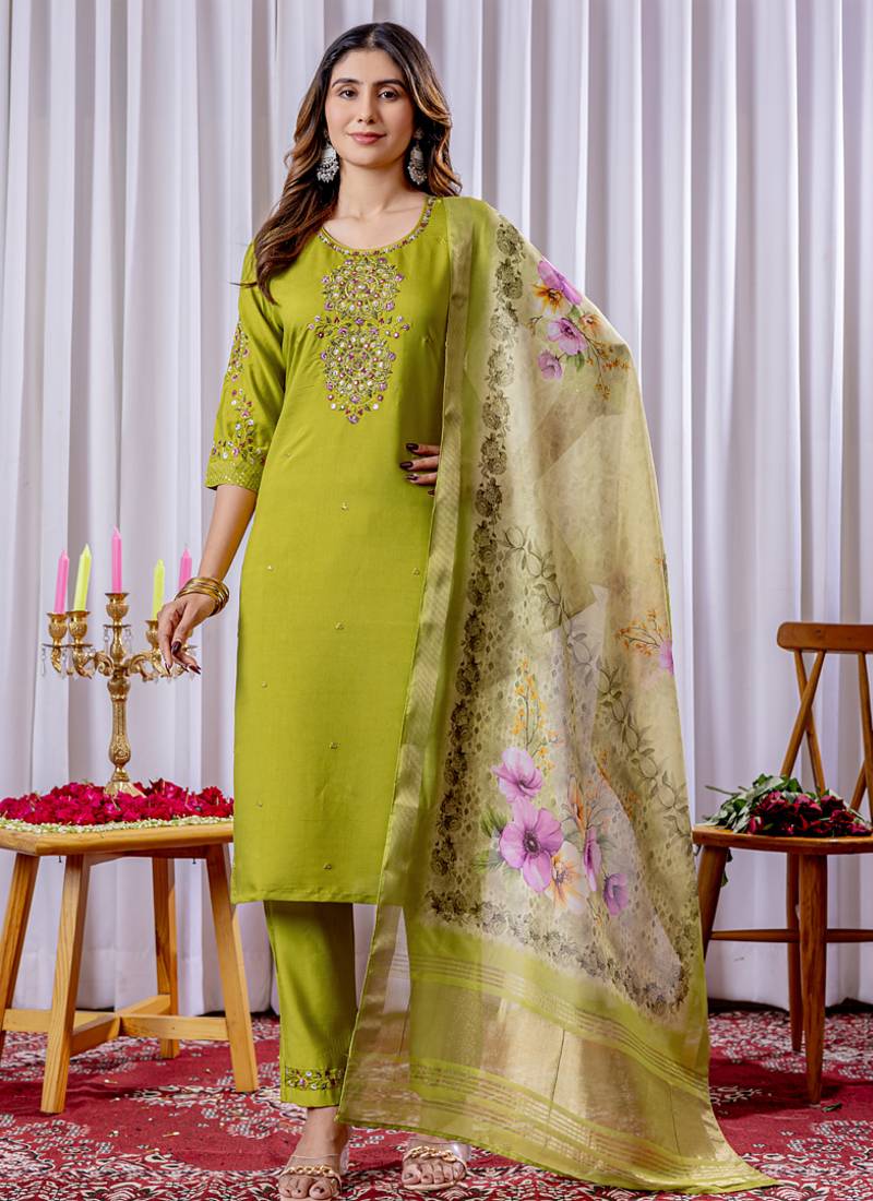 Parrot green viscose silk thread embroidered designer salwar suit