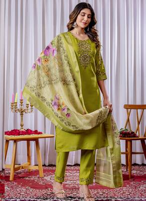 Parrot green viscose silk thread embroidered salwar suit 2