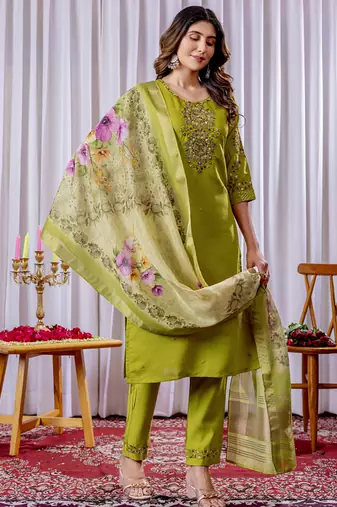 Parrot green viscose silk thread embroidered salwar suit