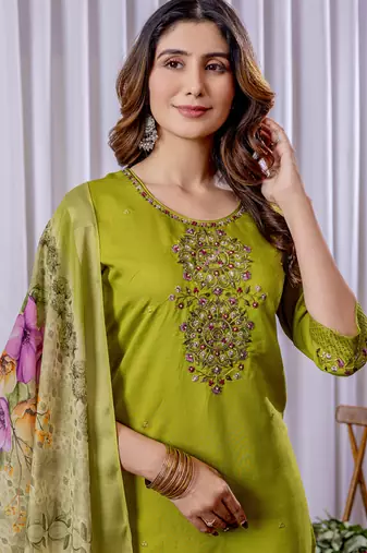Parrot green viscose silk thread embroidered salwar suit