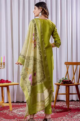 Parrot green viscose silk thread embroidered salwar suit