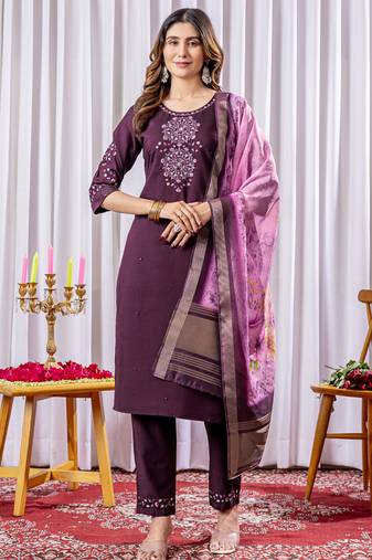 Wine viscose silk thread embroidered designer salwar suit