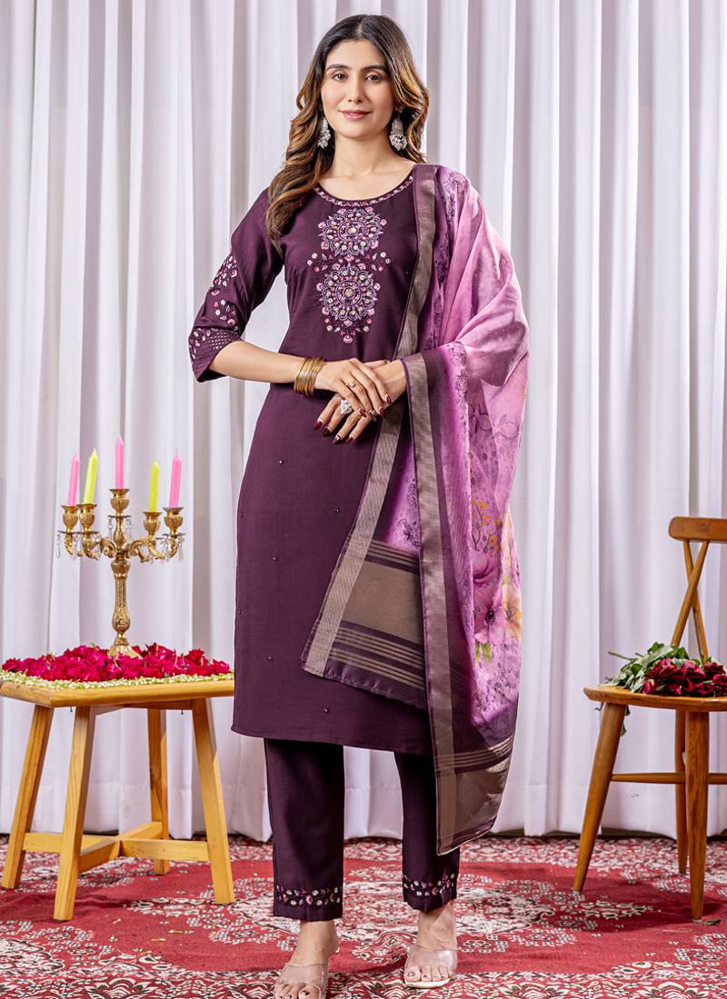 Wine viscose silk thread embroidered designer salwar suit