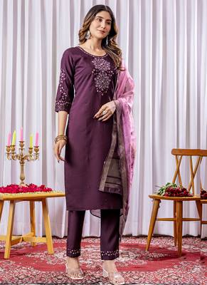 Wine viscose silk thread embroidered salwar suit 2