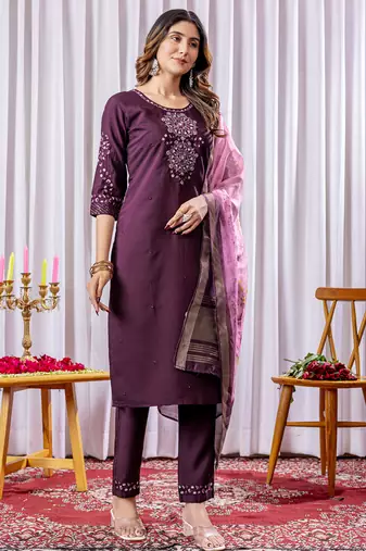 Wine viscose silk thread embroidered salwar suit