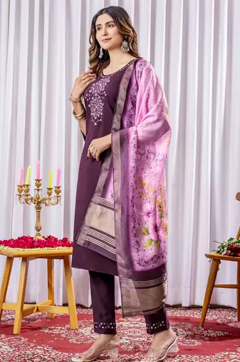 Wine viscose silk thread embroidered salwar suit