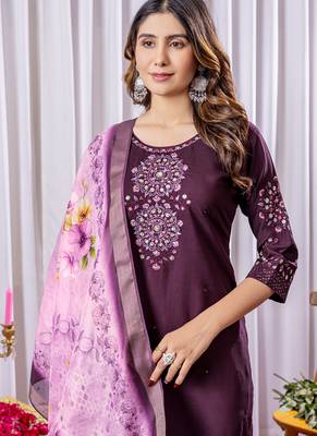 Wine viscose silk thread embroidered salwar suit 4