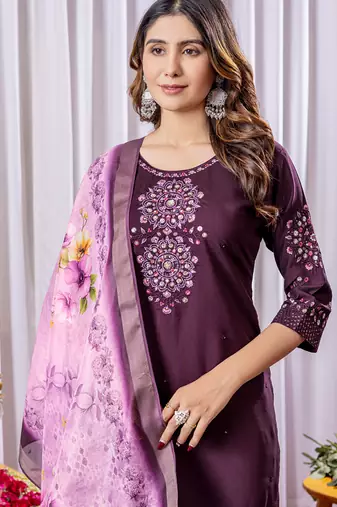Wine viscose silk thread embroidered salwar suit