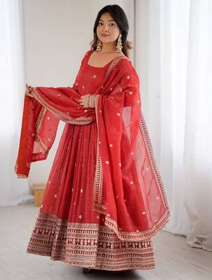  Red Embroidered Silk Festive Wear Gown With Dupatta 1