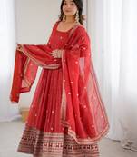  Red Embroidered Silk Festive Wear Gown With Dupatta