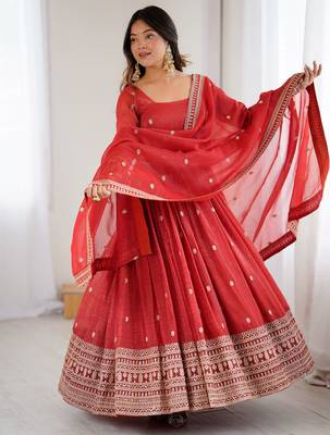  Red Embroidered Silk Festive Wear Gown With Dupatta 2