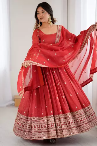 Red Embroidered Silk Festive Wear Gown With Dupatta