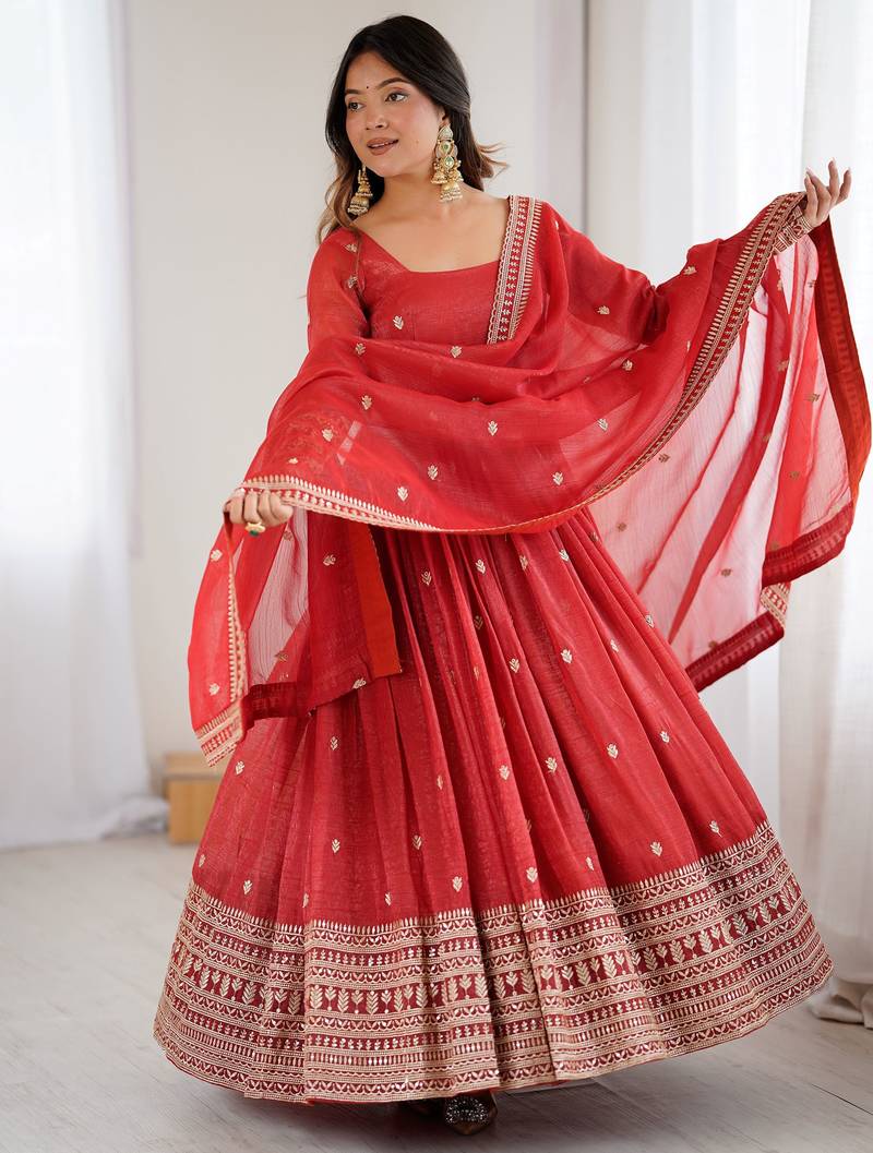  Red Embroidered Silk Festive Wear Gown With Dupatta