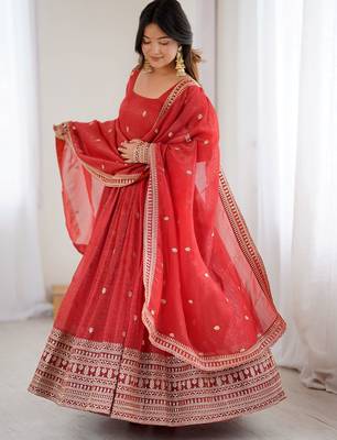  Red Embroidered Silk Festive Wear Gown With Dupatta 3