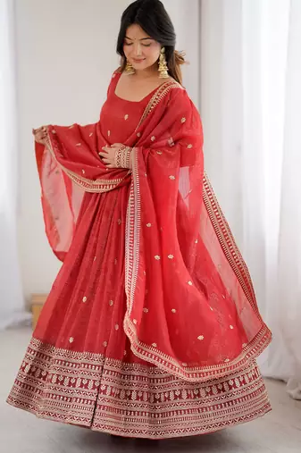  Red Embroidered Silk Festive Wear Gown With Dupatta