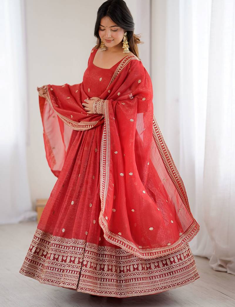  Red Embroidered Silk Festive Wear Gown With Dupatta