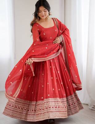  Red Embroidered Silk Festive Wear Gown With Dupatta 4