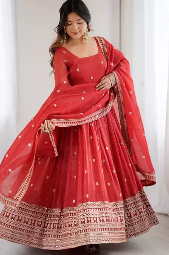  Red Embroidered Silk Festive Wear Gown With Dupatta