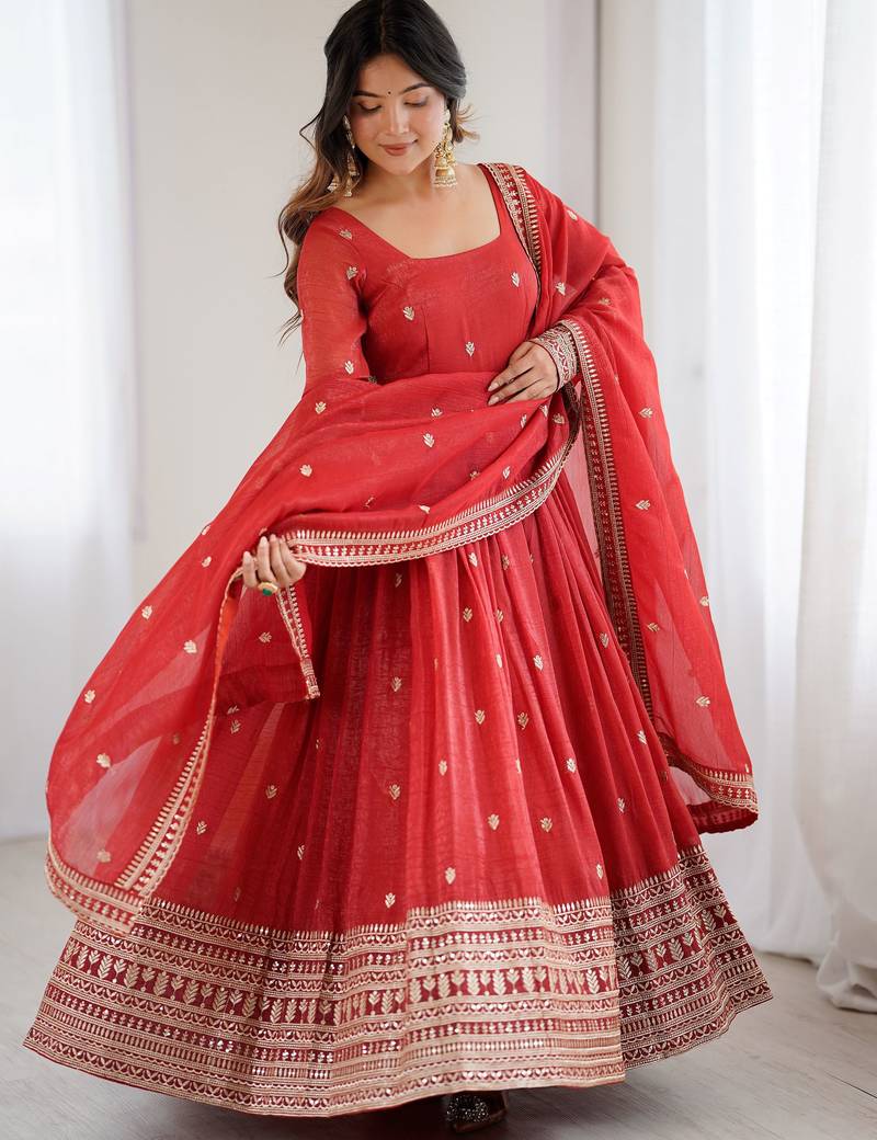  Red Embroidered Silk Festive Wear Gown With Dupatta