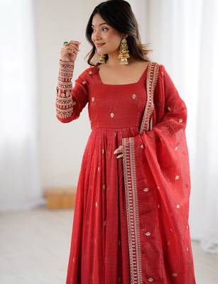  Red Embroidered Silk Festive Wear Gown With Dupatta 5
