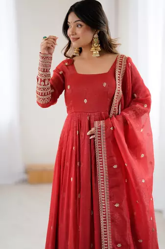  Red Embroidered Silk Festive Wear Gown With Dupatta