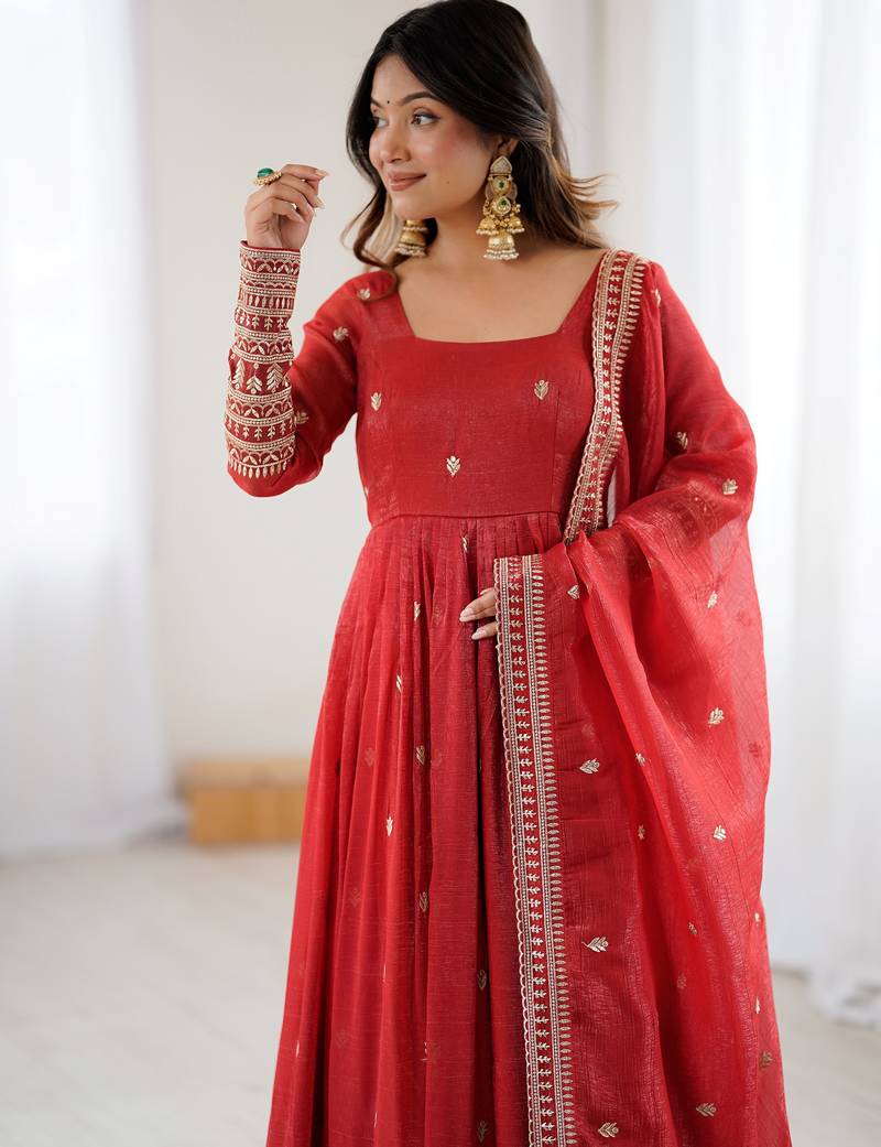  Red Embroidered Silk Festive Wear Gown With Dupatta