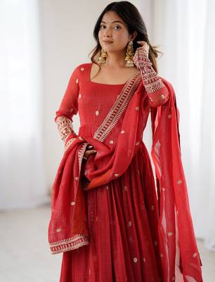  Red Embroidered Silk Festive Wear Gown With Dupatta 6