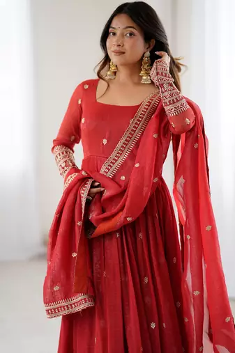  Red Embroidered Silk Festive Wear Gown With Dupatta