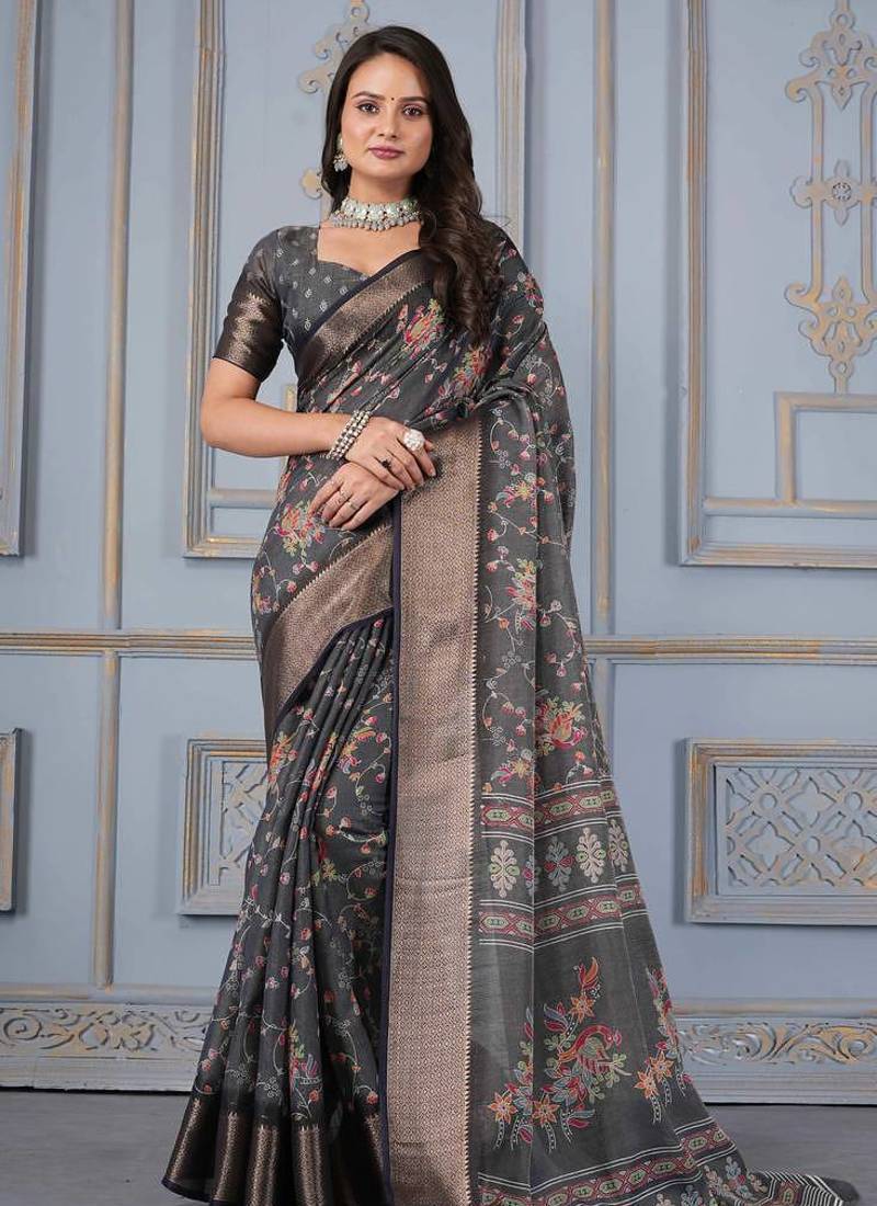 Grey Art Silk Saree With Zari Border And Blouse