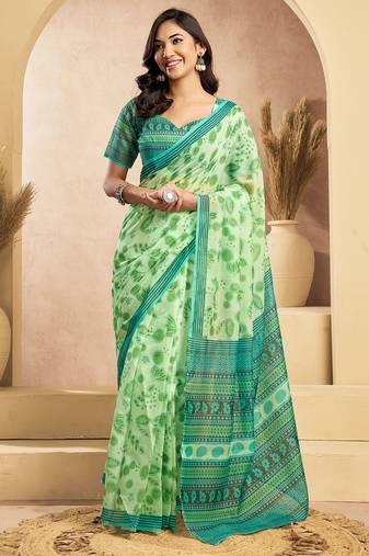 Light green linen floral motifs printed ready to wear saree