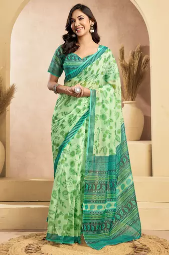 Light green linen floral motifs printed ready to wear saree