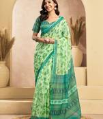 Light green linen floral motifs printed ready to wear saree