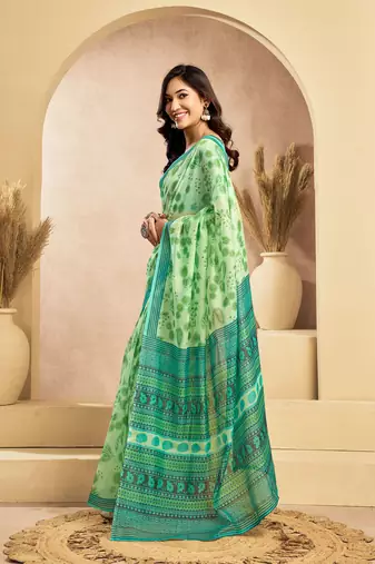 Light green linen floral motifs printed ready to wear saree