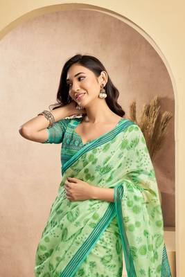 Light green linen floral motifs printed ready to wear saree 5
