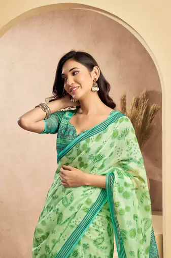 Light green linen floral motifs printed ready to wear saree