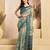 Teal & off white linen floral motifs printed ready to wear saree