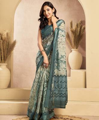 Teal & off white linen floral motifs printed ready to wear saree 2