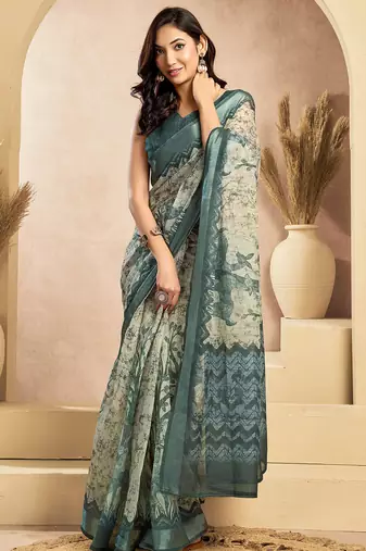 Teal & off white linen floral motifs printed ready to wear saree