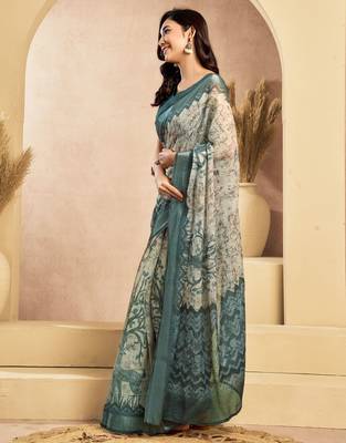 Teal & off white linen floral motifs printed ready to wear saree 3