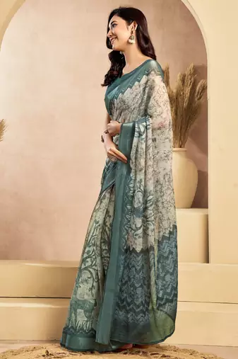 Teal & off white linen floral motifs printed ready to wear saree
